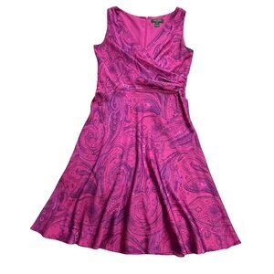 Ralph Lauren Dress Size 10 Pink Fuchsia Paisley Sleeveless A-Line Surplice Midi